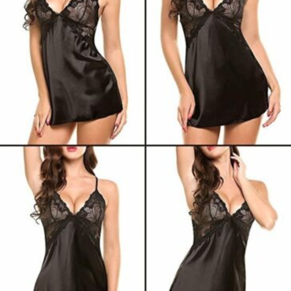 Black Summer Slik Deep V-neck Backless Nightwea